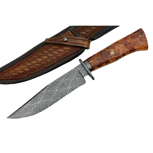 Couteau de camping multi-usage en acier Damas avec manche en bois et étui en cuir - Product Image 3