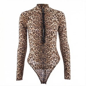 Combinaison moulante à imprimé léopard, col haut, manches longues, fermeture éclair sur le devant, bas string, combinaison extensible une pièce pour femme - Product Image 1