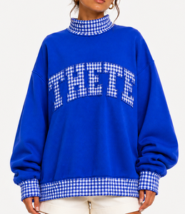 Sweat-shirt col montant personnalisé pour femme, motif gingham et patchwork, coupe oversize, style universitaire, streetwear décontracté - Product Image 1