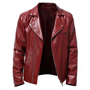 Chaqueta Bomber de Mezclilla Ecológica de Cuero Vacuno Rojo para Hombre, Cuello Camisero, Cierre de Cremallera, Corte Ajustado, Manga Regular, Estilo Invernal - Product Image 1