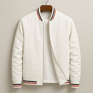 Men's Black Zip-Up Bomber <b>Jacket</b> With <b>Red</b> White Stripes Regular Fit Casual Woven Polyester Autumn Wear - Product Image 3