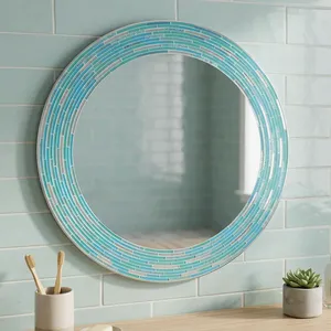 Espejo Redondo de Mosaico Turquesa Azul Aqua Hecho a Mano con Marco de Azulejos Geométricos de Vidrio, Espejo Decorativo Moderno para Sala de Estar - Product Image 2