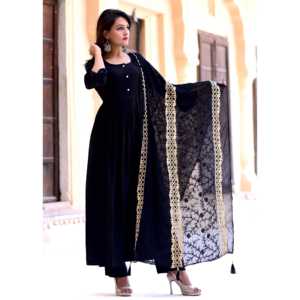 Magnifique ensemble de costume noir avec dupatta doré, taille XS, tissu en mousseline de soie - Product Image 4