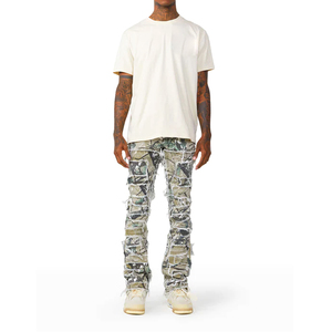 Jean évasé vintage personnalisé coupe slim élégant pour homme, style streetwear, avec patchs, hip-hop, effet usé - Product Image 3