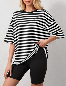 T-shirts amples pour femmes – Collection été 2026 – Respirants, en modal tricoté, à manches courtes, rayés, col rond, décontractés - Product Image 3