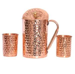 Hammered <b>Copper</b> Water Jug with Lid and 2 Matching <b>Cups</b> Curved Handle Cylindrical Shape Traditional Handcrafted Drinkware E - Product Image 1