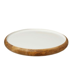 Plateau de service rond en bois de manguier émaillé avec intérieur blanc Plateau en bois fait à la main Assiette de vaisselle plate rustique - Product Image 1