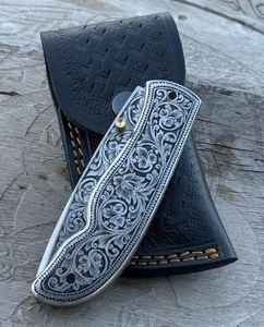 Couteau de poche pliant artisanal en acier au carbone gravé pour l'extérieur, manche gravé en acier inoxydable OEM, couteau tactique de camping DIY OEM - Product Image 5