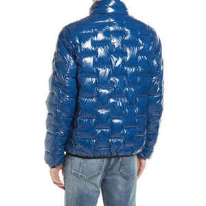 Mens shiny blue puffer jacket lightweight padded design zipper front warm insulated <b>winter</b> <b>coat</b> casual outerwear - Product Image 2