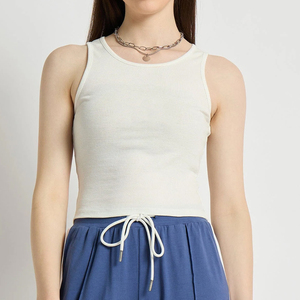 Camiseta sin mangas de punto con cuello redondo para mujer, color blanco, informal, transpirable, mezcla de algodón y spandex, corta - Product Image 1