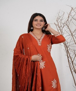 Women Traditional Cotton Salwar Kameez With Dupatta Orange Embroidered Casual Wear India Pakistan Style 85279 MORNI- Mc-1043 - Product Image 2