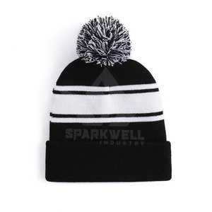 Bonnet en tricot rayé avec pompon pour adultes, unisexe, chapeau d'hiver orange, bleu, blanc, en acrylique, design à revers, tenue décontractée - Product Image 2