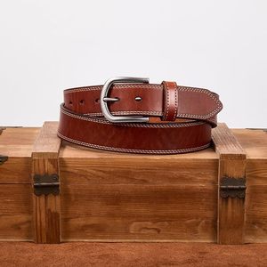 Ceinture en cuir de vachette marron avec boucle rectangulaire argentée, design décontracté et durable - Product Image 1