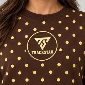 Sweat-shirt à col rond pour femme, couleur marron chocolat, avec pois jaunes dorés sur toute la surface, manches longues, logo personnalisé - Product Image 5
