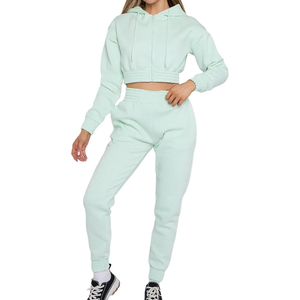 Ensemble jogging et sweat-shirt court à capuche vert menthe pour femme, manches longues, molletonné, décontracté, 2 pièces, couleur unie, coupe classique - Product Image 2