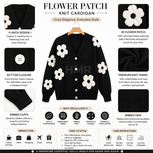 HMR Sisterhood Sorority Cardigan en acrylique noir tricoté avec broderie florale blanche, col en V, manches longues, haut décontracté - Product Image 6