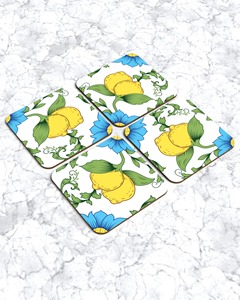 Juego de Posavasos Cuadrados Modernos Hechos a Mano con Diseño Floral Azul y Limón Mediterráneo Italiano, de MDF, 9 cm de Diámetro, 4 mm de Grosor, de REHMAN CRAFT - Product Image 6
