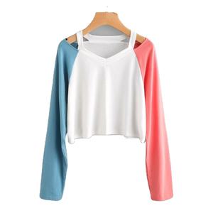 Nouvelle mode de t-shirt de haute qualité à manches raglan contrastées et à col déchiré pour femmes - Product Image 2