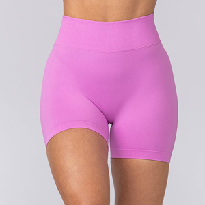 Shorts de compression roses unis à taille haute pour femmes, respirants, tricotés, coupe sportive, taille normale, taille élastique - Product Image 5
