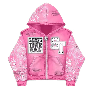 Manufacturer Custom Unisex Rhinestone 100% Cotton Fleece Heavyweight 350g Winter Embroidered <b>Hoodie</b> <b>Zip</b> <b>Pocket</b> Acid Wash High - Product Image 1