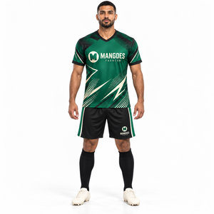 Conjunto de Camiseta de Fútbol Unisex Personalizada, Cuello en V, Manga Corta, Verde y Negro, Estampado Geométrico, Secado Rápido, Absorbe la Humedad, 100% Poliéster - Product Image 3