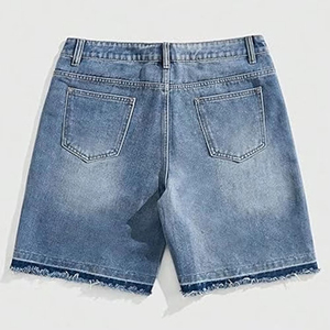 Pantalones cortos de mezclilla para hombre, con lavado desgastado personalizado, bordes sin rematar, estilo baggy, con pedrería, streetwear, con logo personalizado - Product Image 4
