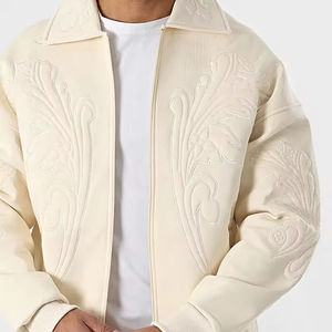 <b>Men's</b> <b>Cream</b> PU Bomber Jacket Embossed Floral Design Turn-down Collar Zipper Closure Casual Autumn Wear - Product Image 2