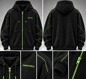 Sudadera con Capucha Negra Personalizada con Cierre Completo, Detalles en Verde Neón, Estilo Urbano Holgado - Product Image 5
