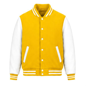 <b>Men</b> Yellow Varsity <b>Jacket</b> <b>White</b> Sleeve Solid Color Casual Wear Fleece Material Turn-down Collar Regular Fit Autumn Wear - Product Image 1