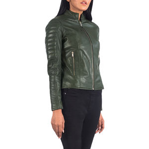 Veste d'équitation pour femme en cuir véritable vert olive, imperméable, manches rembourrées, fermeture éclair, logo imprimé, bouton, production en série OEM ODM - Product Image 2