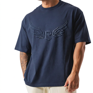 T-shirt homme oversize bleu marine avec ailes en relief et logo R, manches courtes, coupe décontractée, col rond, design sur le devant - Product Image 1