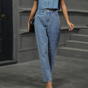 Jeans ajustados negros para mujer con adornos laterales elegantes y dobladillo sin rematar, de cintura alta, elásticos, de mezclilla perlada. - Product Image 6