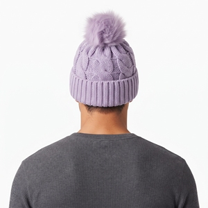 Bonnet tricoté épais personnalisé unisexe, cagoule d'hiver côtelée violet clair, doux et chaud, avec pompon, pour l'extérieur - Product Image 2
