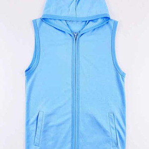 Chaleco sin mangas con capucha, color sólido, transpirable, de punto, unisex, informal, para primavera, azul claro, con cremallera completa y bolsillos frontales. - Product Image 1