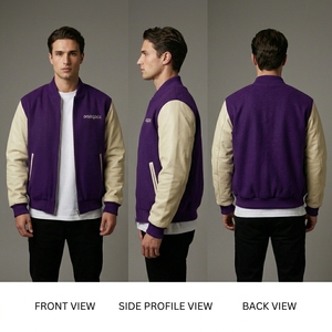 Veste en laine violette pour homme avec manches crème, col et poignets en tricot côtelé, fermeture éclair intégrale, streetwear décontracté haut de gamme, vêtement d'extérieur personnalisé bicolore - Product Image 5