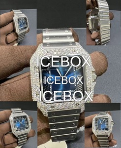 Montre carrée pour homme en acier inoxydable et moissanite avec cadran en verre, bracelet entièrement serti, fermoir, résistance à l'eau 10 bars - Product Image 2