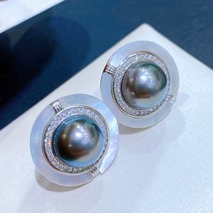 11-12mm Nearly Round Front Flawless 925 <b>Silver</b> Luxury <b>Stud</b> <b>Earrings</b> with Natural Gold Beads Light Luxury Design for Gift - Product Image 2