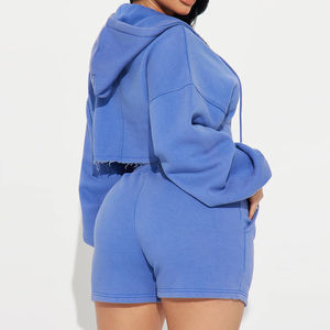 Crop top bleu personnalisé pour femme, sweat à capuche zippé, ensemble court deux pièces, vêtements pour femme - Product Image 4