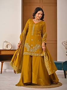 Robe ethnique en soie brodée de couleur moutarde, séchage rapide, toutes saisons, coupe régulière, longueur au sol, style traditionnel indien pakistanais pour femmes - Product Image 3
