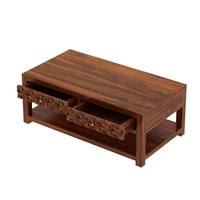 Table console en teck massif de haute qualité avec une finition brun foncé et deux tiroirs, conçue pour une utilisation dans le salon.