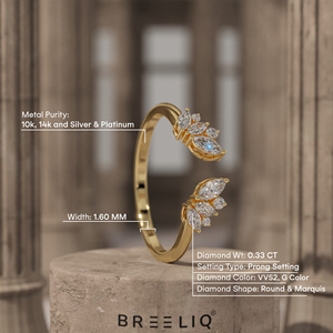 14K Solid Gold Marquise Lab Grown Diamond <b>Open</b> <b>Ring</b> Floral Cluster Leaf Design Adjustable Wedding Band for Women - Product Image 5