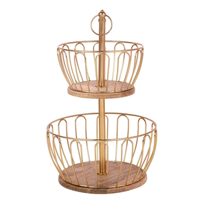 2 Tier Metal and Wooden Fruit Vegetable Basket Stand Home Kitchen Countertop Storage Organizer Produce Display <b>Rack</b> - Product Image 1
