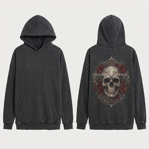 Sudadera con capucha negra premium de 500GSM para mujer, con bajo desgastado, gráfico gótico de calavera en espiral, corte y costura personalizados, estilo oscuro. - Product Image 2