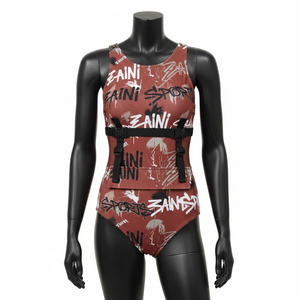 Maillot de bain une pièce pour femme en polyester et élasthanne de qualité supérieure, imprimé graphique marron, avec bretelles et logo personnalisé - Product Image 1
