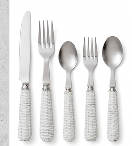 Minimalist Flatware Set With White Woven Handles Stainless Steel Cutlery Dishwasher Safe Wedding Silver Tone Knives Forks Spoons - Product Image 1