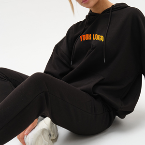 Ensemble sweat-shirt 2 pièces en coton pour femme avec logo personnalisé, coupe ample, à capuche, imprimé lettres, pour toutes les saisons - Product Image 1