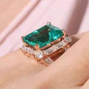 แหวนมรกตทรงสเตทเมนท์ เงินแท้ 925 ชุบทอง 14K แหวนค็อกเทลพลอยสีเขียวหรูหราสไตล์วินเทจ - Product Image 2