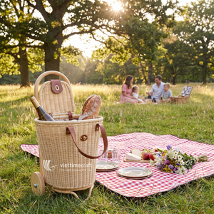 Vintage Style Rattan Rolling Storage <b>Basket</b> Wheels Hand Woven Eco-Friendly Kitchen Living Room Organizer Multifunction Design - Product Image 5