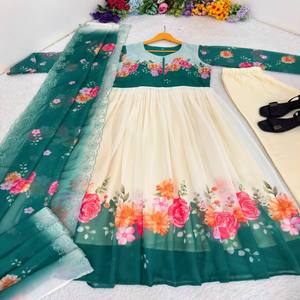 Conjunto de Vestido Georgette VASTRA COTTAGE con Mangas Bordadas a Mano, Dupatta de Seda con Estampado Digital y Pantalones, Colección para Fiestas y Bodas - Product Image 6