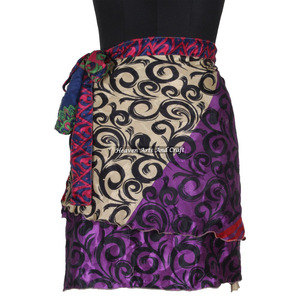 Minifalda Étnica Reversible de Dos Capas, Estilo Sari Indio Vintage, de Seda, para Mujer, Falda Corta Envolvente de Seda Vintage - Product Image 6
